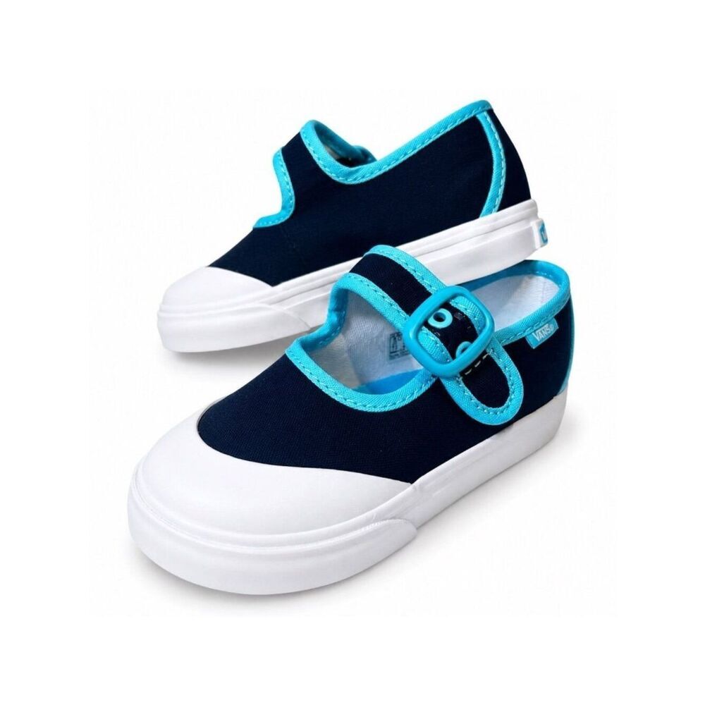Vans Toddler Mary Jane Sneakers Navy Aqua Buckle Strap Rubber Toe Size 6